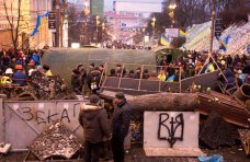 На Крещатике в Киеве участники Евромайдана рубят каштаны для костров